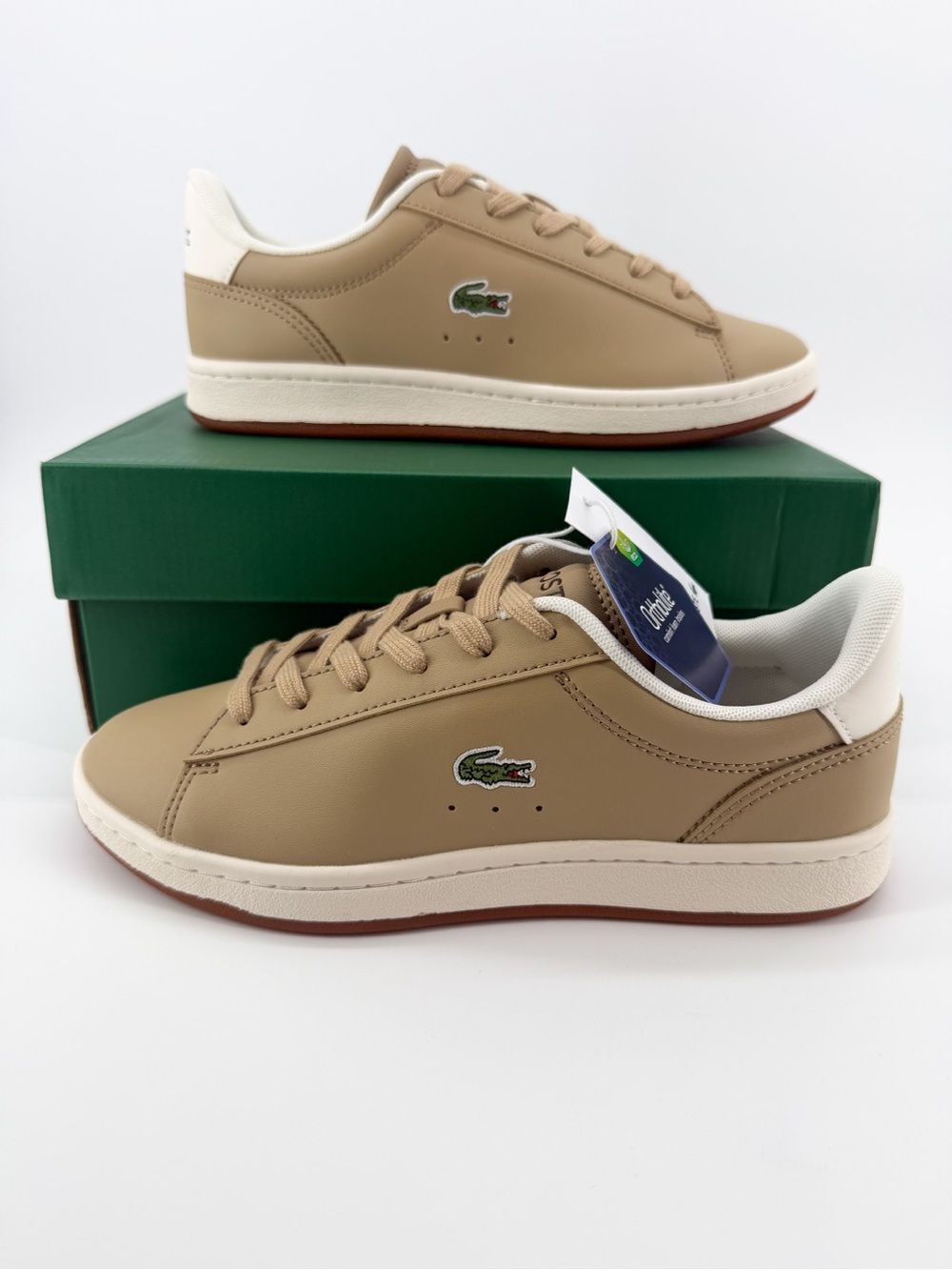 Lacoste Carnaby Set Low Top Sneakers Lace Up Tan Brown White Big Kid Size 5 NEW